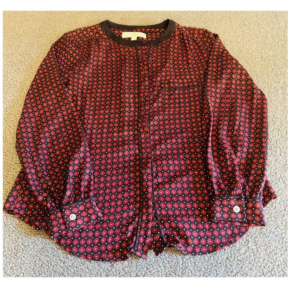 LOFT Blouse Women SP Red Black Geometric Floral Button Down Long Sleeve Petite